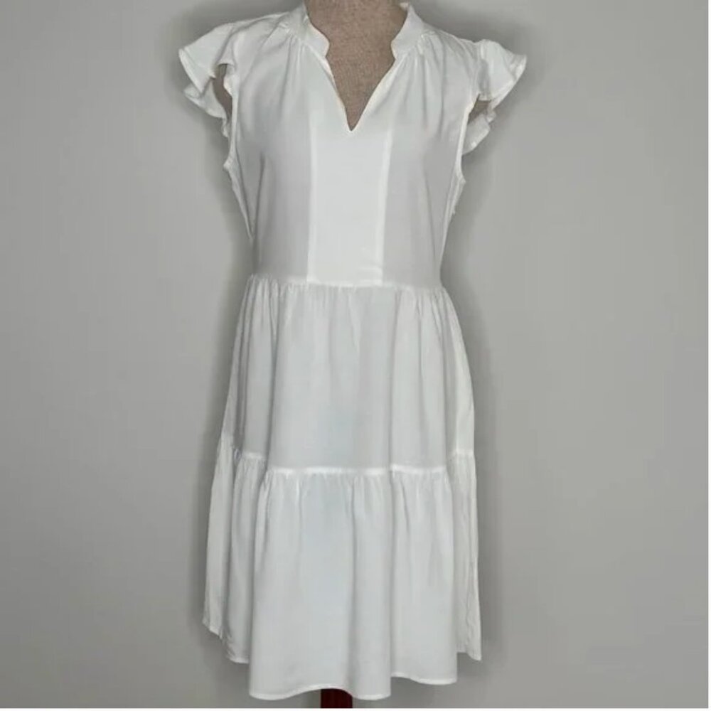 Zesica Tiered Split Neck Mandarin Collar White Linen Blend Dress Size Small